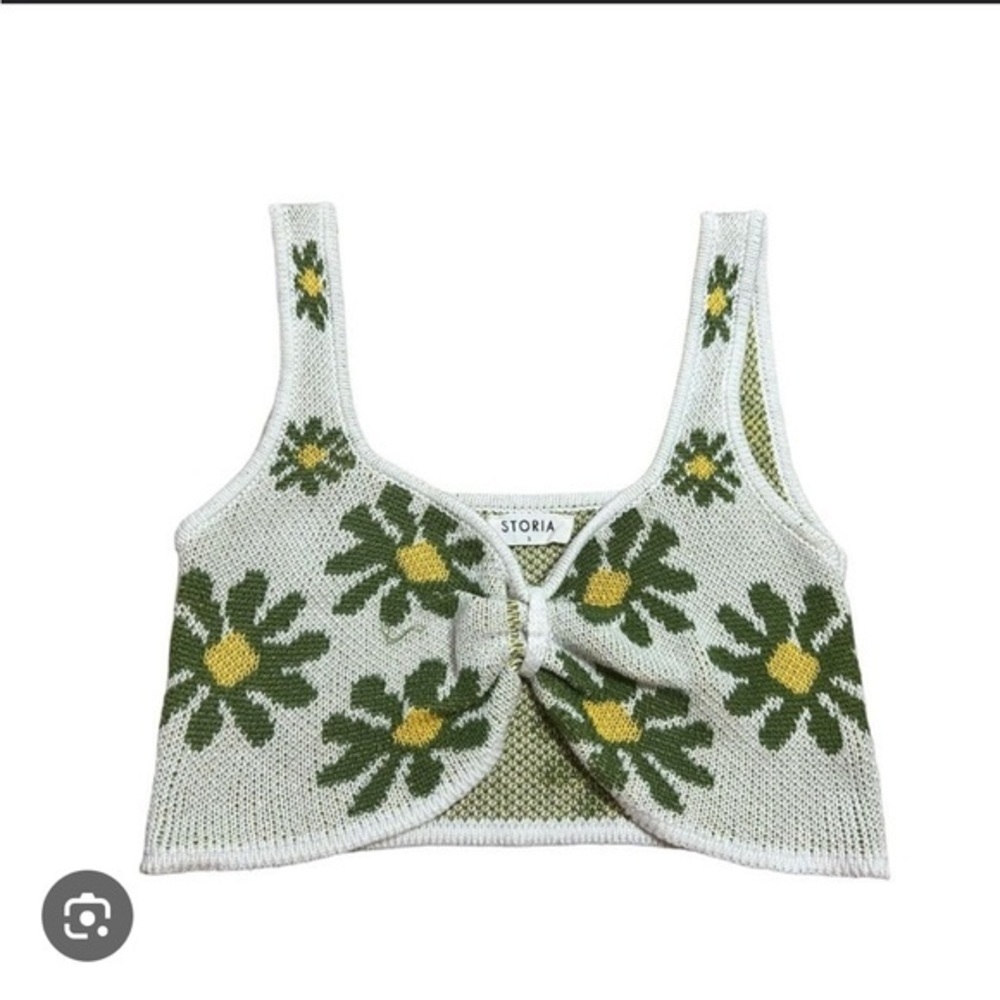 Storia Green Yellow Cream 70s Flower Crop Top Sweater Tank